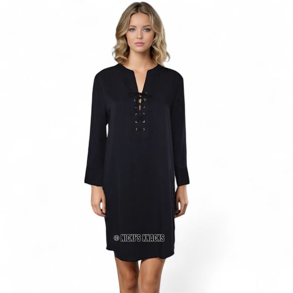 Theory Navy Blue Lace Up Tunic Dress Long Sleeve Mini Lightweight Tencel Size 6 - Picture 8 of 9